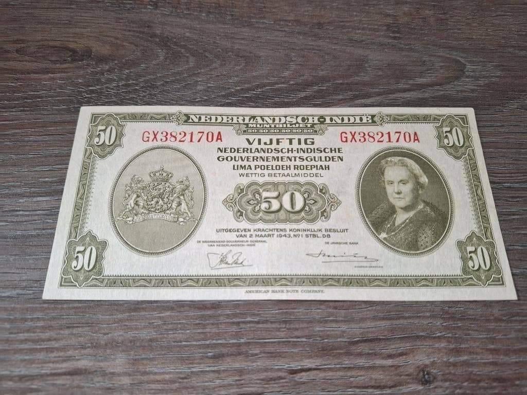 Vrijwel UNC biljet 50 gulden Nederlands-Indië, Wilhelm. 1943, Postzegels en Munten, Bankbiljetten | Nederland, Ophalen of Verzenden