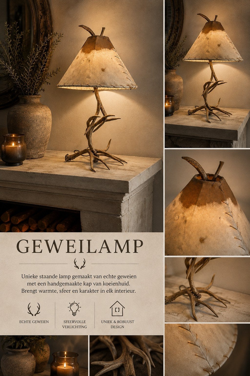 Gewei tafellamp landelijk, Huis en Inrichting, Ophalen, Minder dan 100 cm