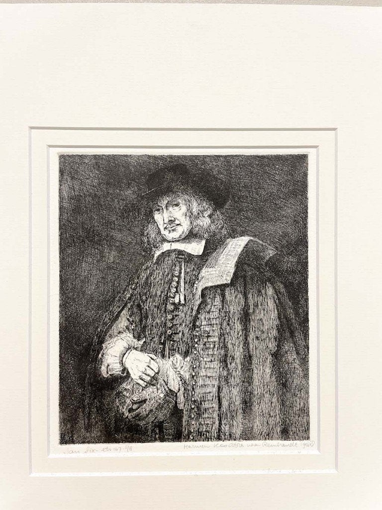 Harmen Kooistra - ets naar Rembrandt -Jan Six, Antiek en Kunst, 2000 tot heden, 18 cm, Ets, Portret