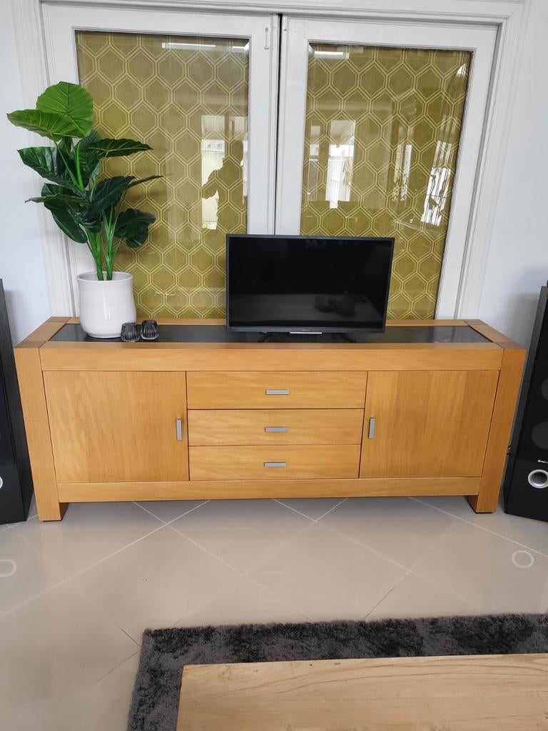 Eikenhouten dressoir met zwart marmeren blad, Huis en Inrichting, Kasten | Televisiemeubels, Ophalen, 150 tot 200 cm, Eikenhout