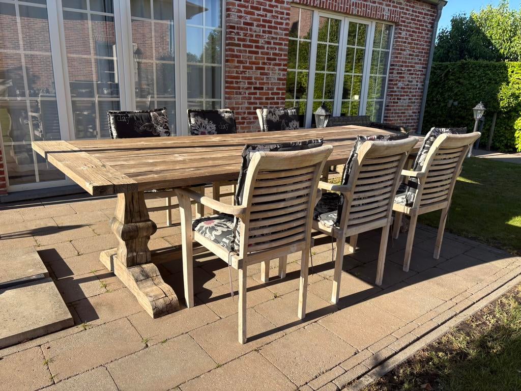 Tuinset kloostertafel en 6 stoelen teak, Tuin en Terras, Ophalen, Gebruikt, 8 zitplaatsen, Tuinset