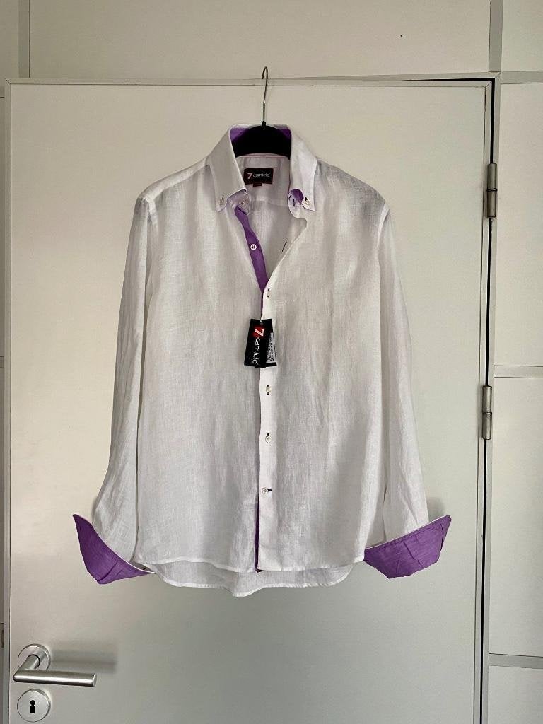 i257 Nieuw: 7 Camacie maat S=46 linnen slimfit blouse wit, 7 Camacie, Halswijdte 38 (S) of kleiner, Wit, Nieuw