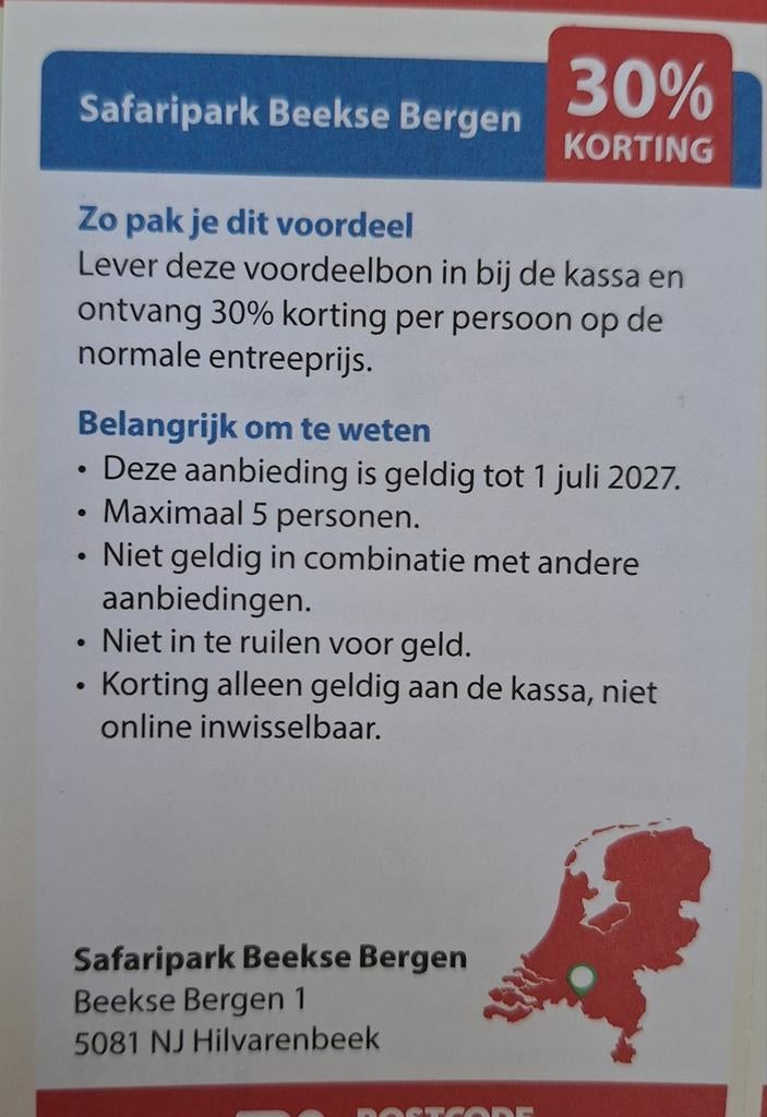 Safaripark Beekse Bergen 30% korting, Tickets en Kaartjes, Recreatie | Dierentuinen, Drie personen of meer, Kortingskaart