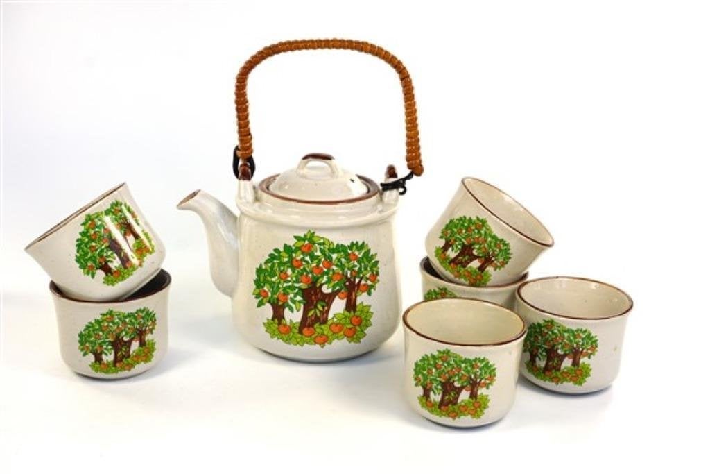 Vintage theepot + kommetjes - appelbomen, Antiek en Kunst, Antiek | Servies los, Ophalen of Verzenden