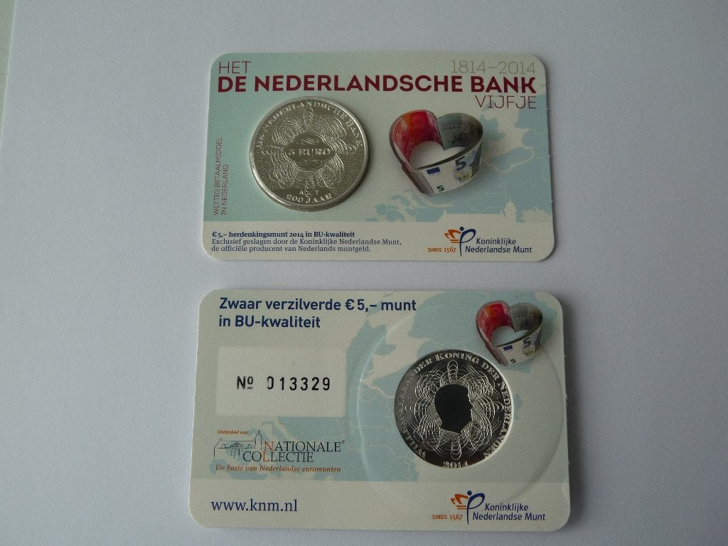 de Nederlandsche Bank Vijfje 2014 BU-kwaliteit in coincard, Verzenden, Overige landen, 5 euro, Losse munt