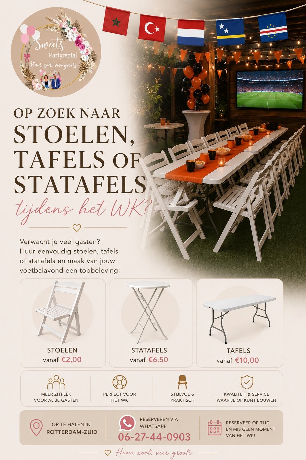 Tafels, stoelen, statafels TE HUUR, Ophalen, Zo goed als nieuw, Overige