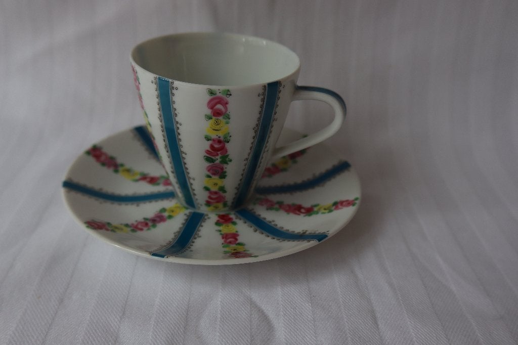 Vintage Steinbock emaille demi tasse en schotel, Ophalen of Verzenden