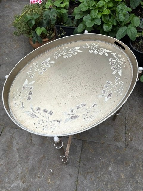 Metalen ovaal bijzettafel dienblad met inklapbaar onderstel, Ophalen, Minder dan 45 cm, Minder dan 55 cm, Gebruikt
