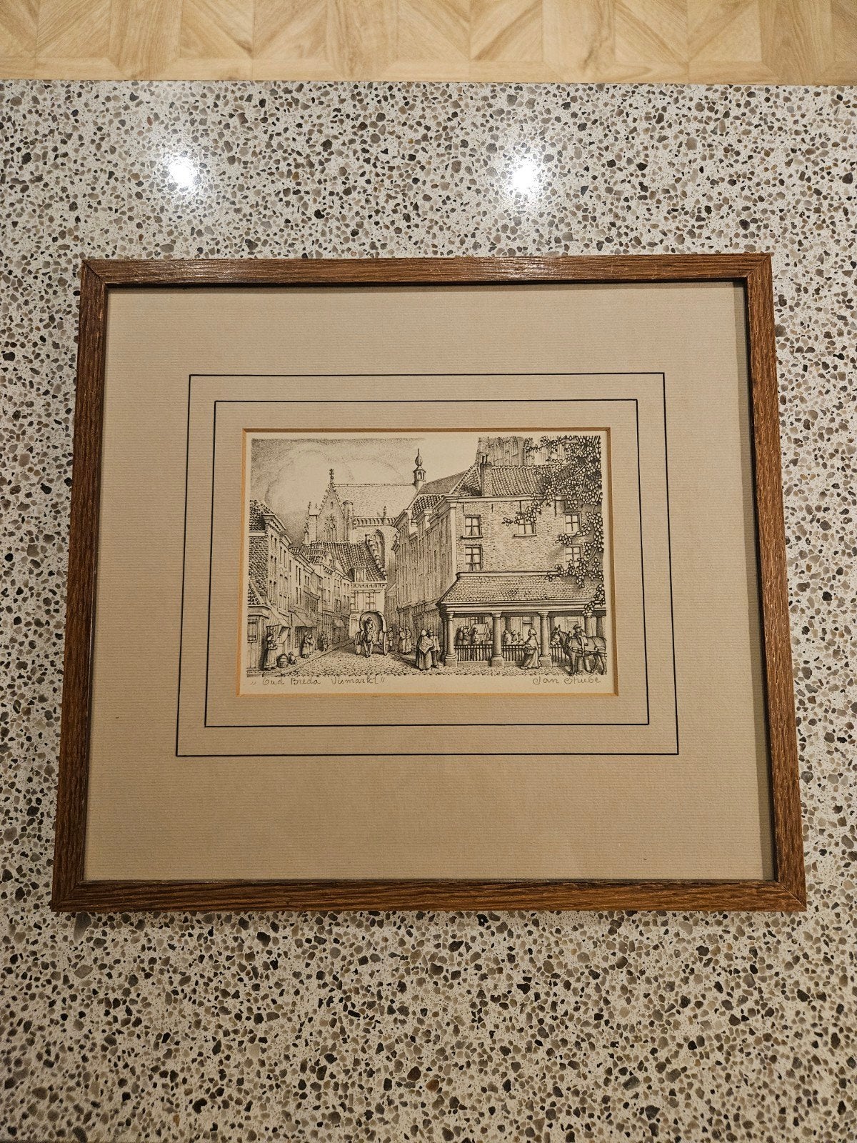 Oud Breda Vismarkt - litho van Jan Grube, Antiek en Kunst, Stadsgezicht, 1950 - 1999, Ets, Gesigneerd