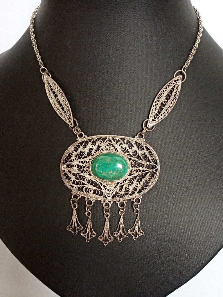 Sterling zilver filigrain ketting Eilat steen. 50er-60er, Verzenden, Zo goed als nieuw, Met edelsteen, Zilver