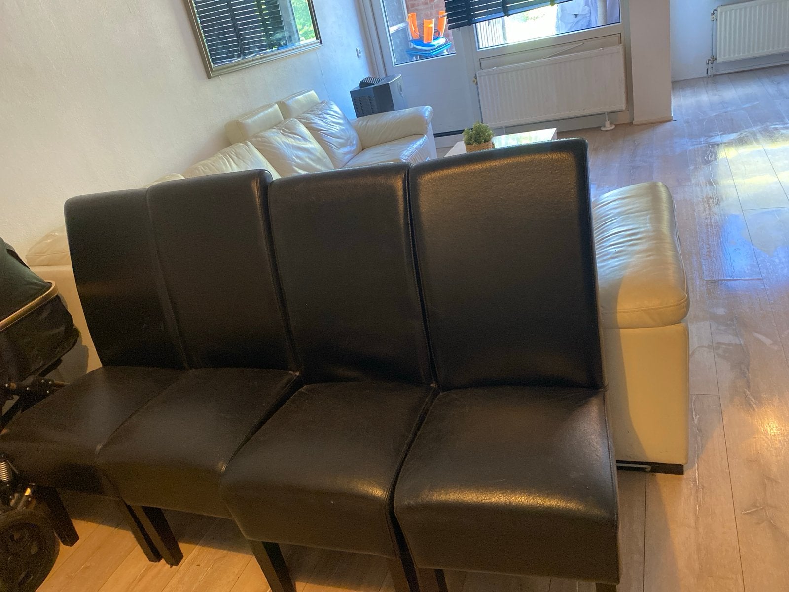 4 zwarte leren stoelen, Ophalen, Gebruikt, Zwart, Leer