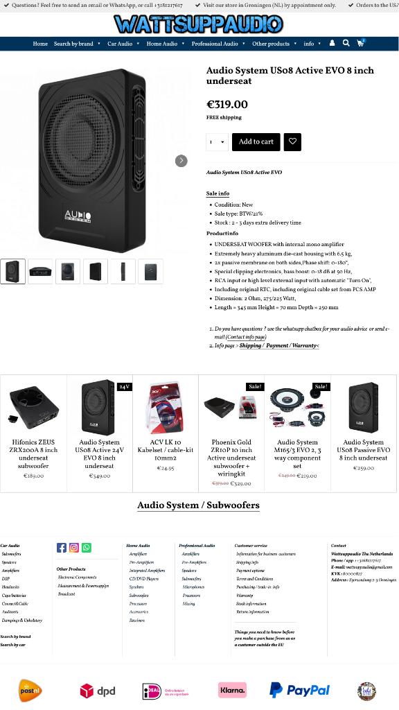 Audio System US08 Active EVO 8 inch underseat subwoofer, Info@optimount.nl, Nieuw, Ophalen of Verzenden, Anholtseweg 48A 7091 HB DINXPERLO