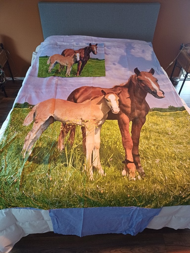 Dekbedhoes 1 persoons merrie met veulen, Eenpersoons, Blauw, Dekbedovertrek, Katoen