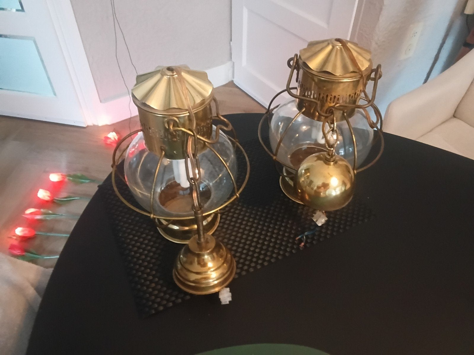 Set van 2 Vintage Messing Scheepslampen / bollampen, Ophalen of Verzenden