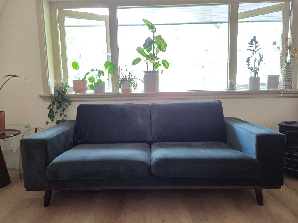 Tweezits donkergroene bank, Ophalen, Gebruikt, 150 tot 200 cm, Tweepersoons