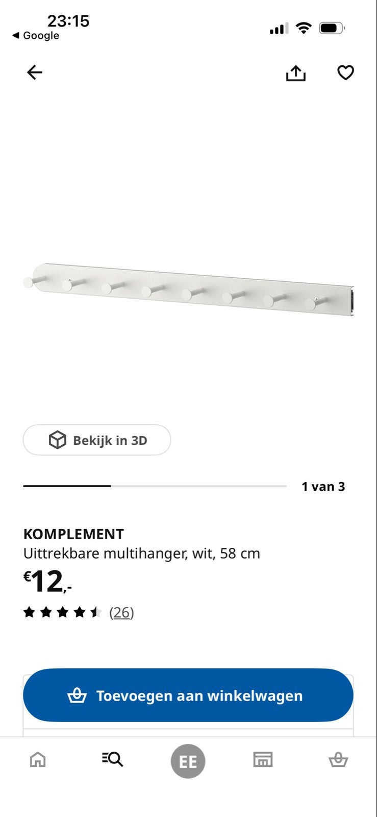 IKEA KOMPLEMENT Uittrekbare Multihanger Wit 58 cm, Gebruikt, Minder dan 100 cm, Metaal, Ophalen