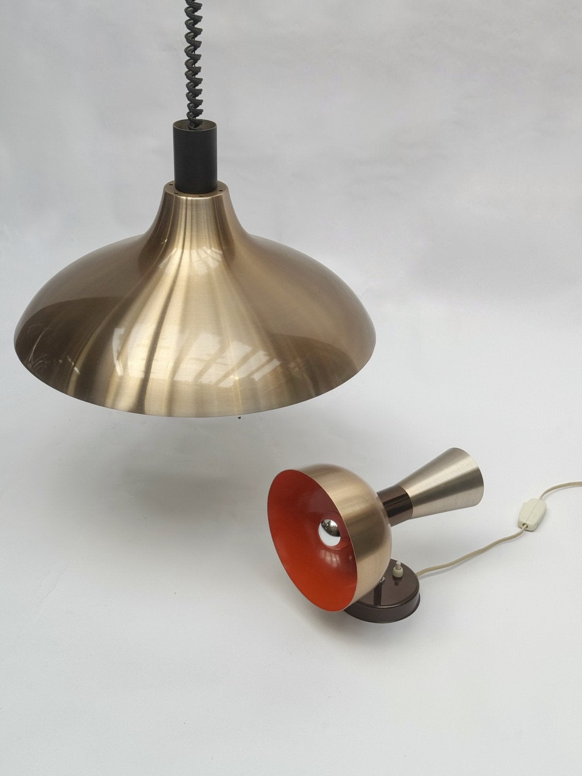 Set Vintage Dijkstra Herda Hang- en Wandlamp Mid Century MCM, Hanglamp, Zo goed als nieuw, Metaal, Zilver