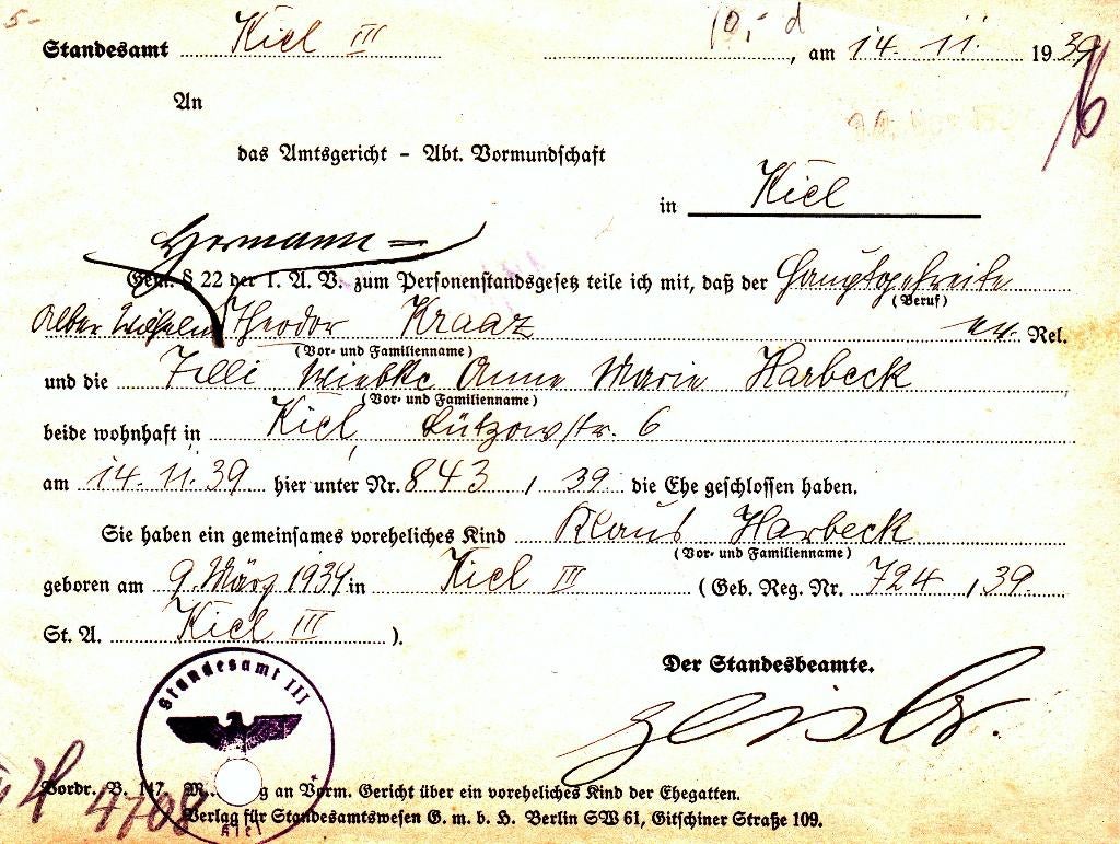 BURGERLIJKESTAND  DISTRICTRECHTBANK  te  KIEL, Ophalen of Verzenden, Landmacht, Nederland