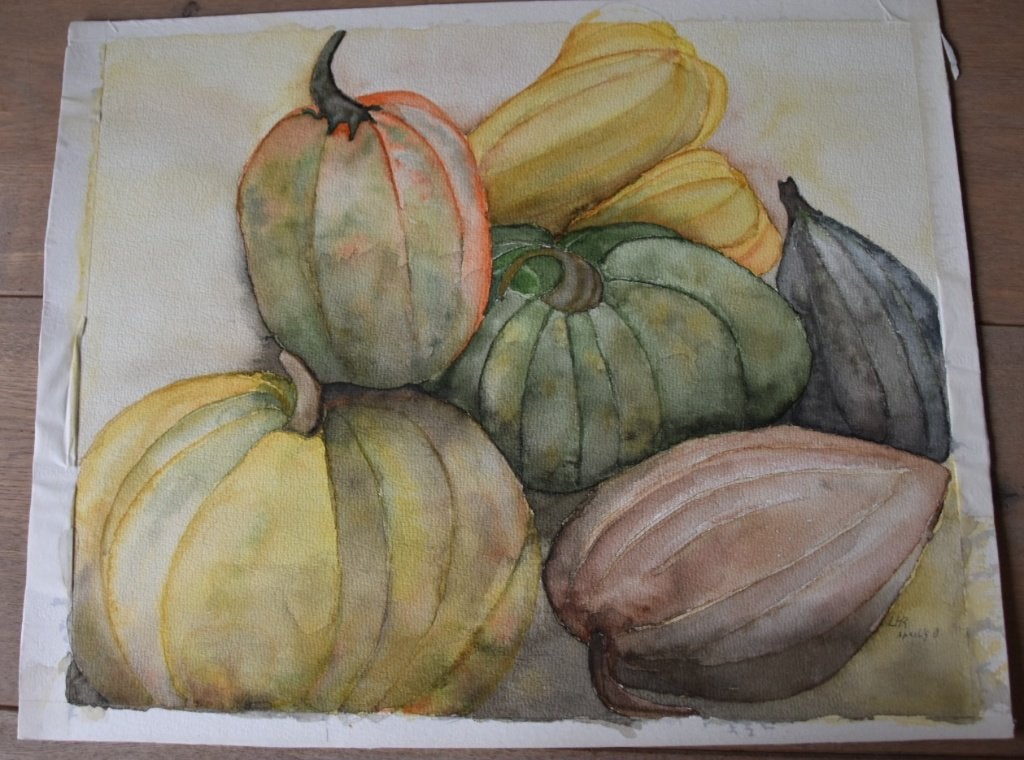 Handgemaakt aquarel van pompoenen op papier, 40 x 50 cm, Ophalen, Realistisch, Stilleven, Aquarel