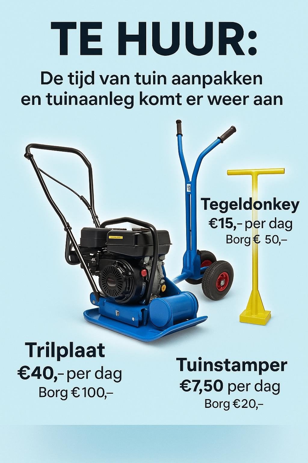 Te huur tuin gereedschap trilplaat, Ophalen