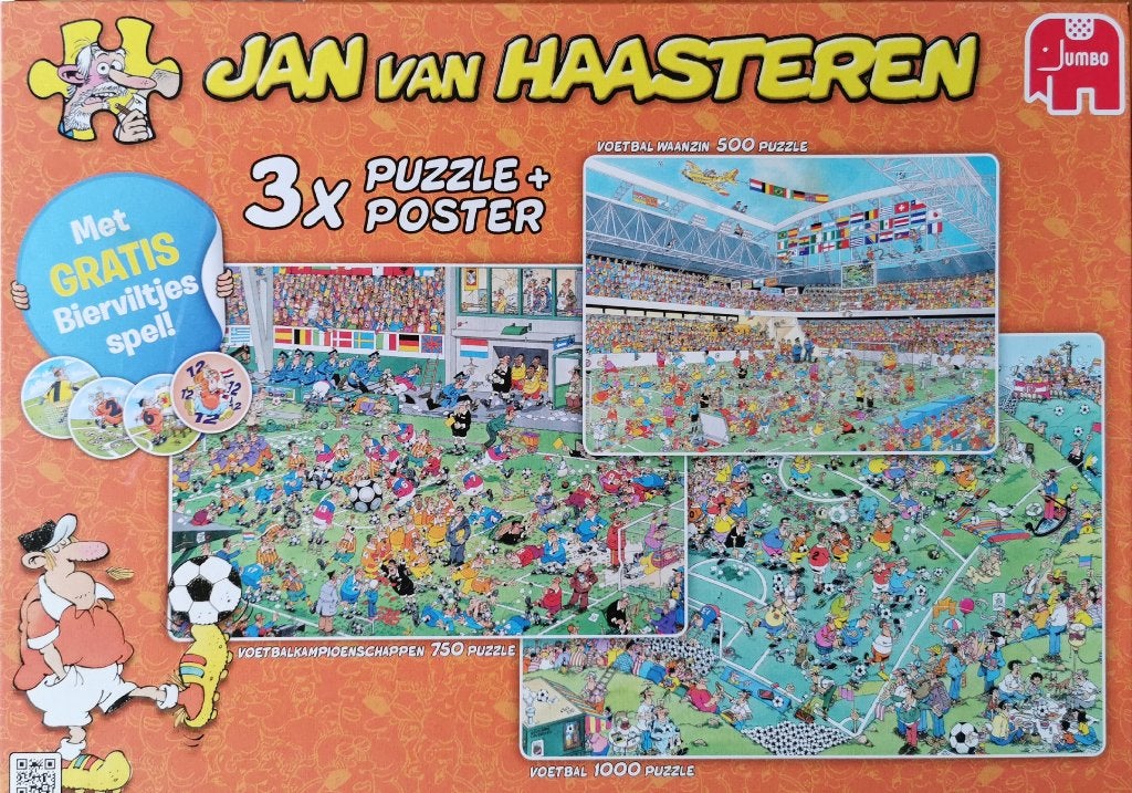 Jumbo - Jan van Haasteren - 3 puzzels in 1 - Voetbal, Ophalen of Verzenden, 500 t/m 1500 stukjes, Zo goed als nieuw, Legpuzzel