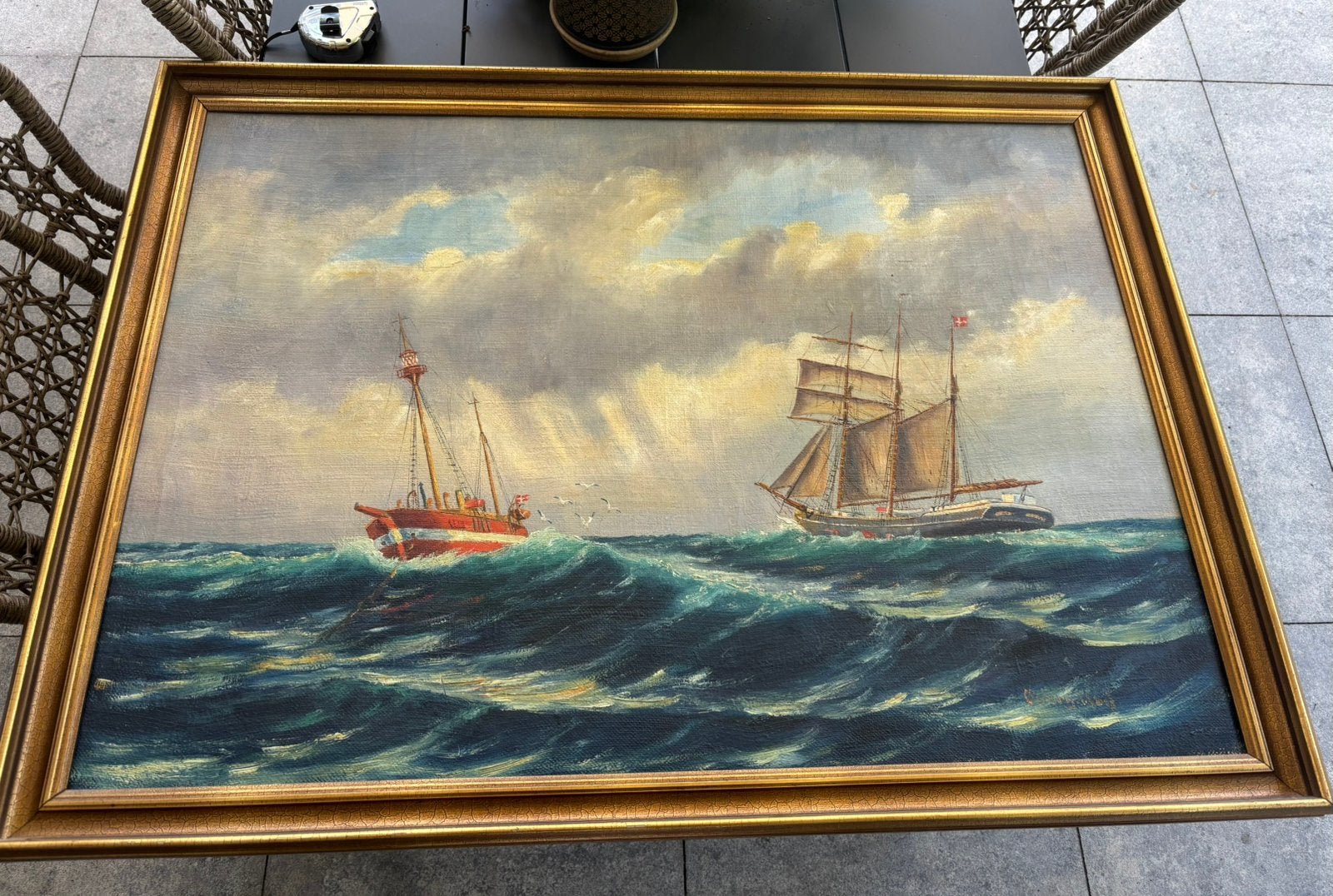 Vintage scandinavische schilderij boten zeilboot, Ophalen