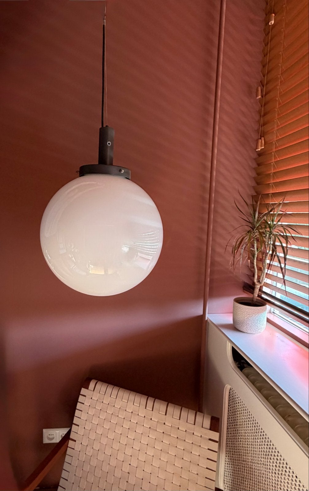 2x Vintage bollamp/schoollamp/hanglamp - 40cm diameter, Ophalen, Gebruikt, Glas, E27 (groot)