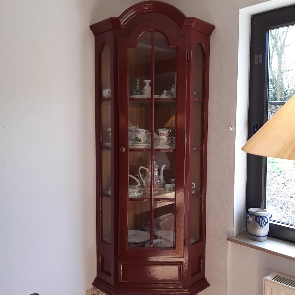 Houten vitrine hangende hoekkast van 1,82 m. hoog, Ophalen, 50 tot 100 cm, Glas, 150 tot 200 cm