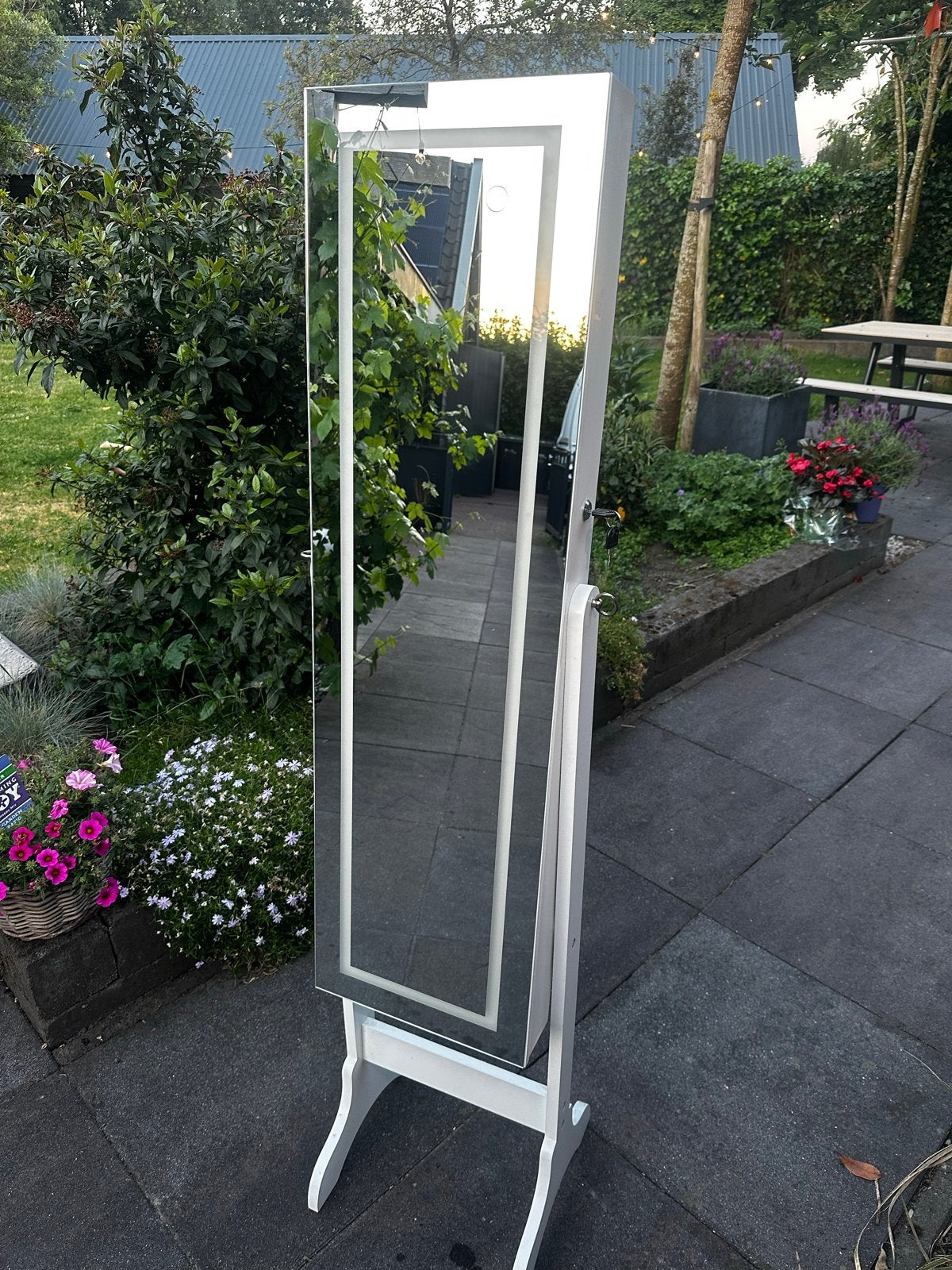 Witte spiegel met sieradenkast en LED verlichting, Ophalen, Minder dan 50 cm, Gebruikt, 150 tot 200 cm