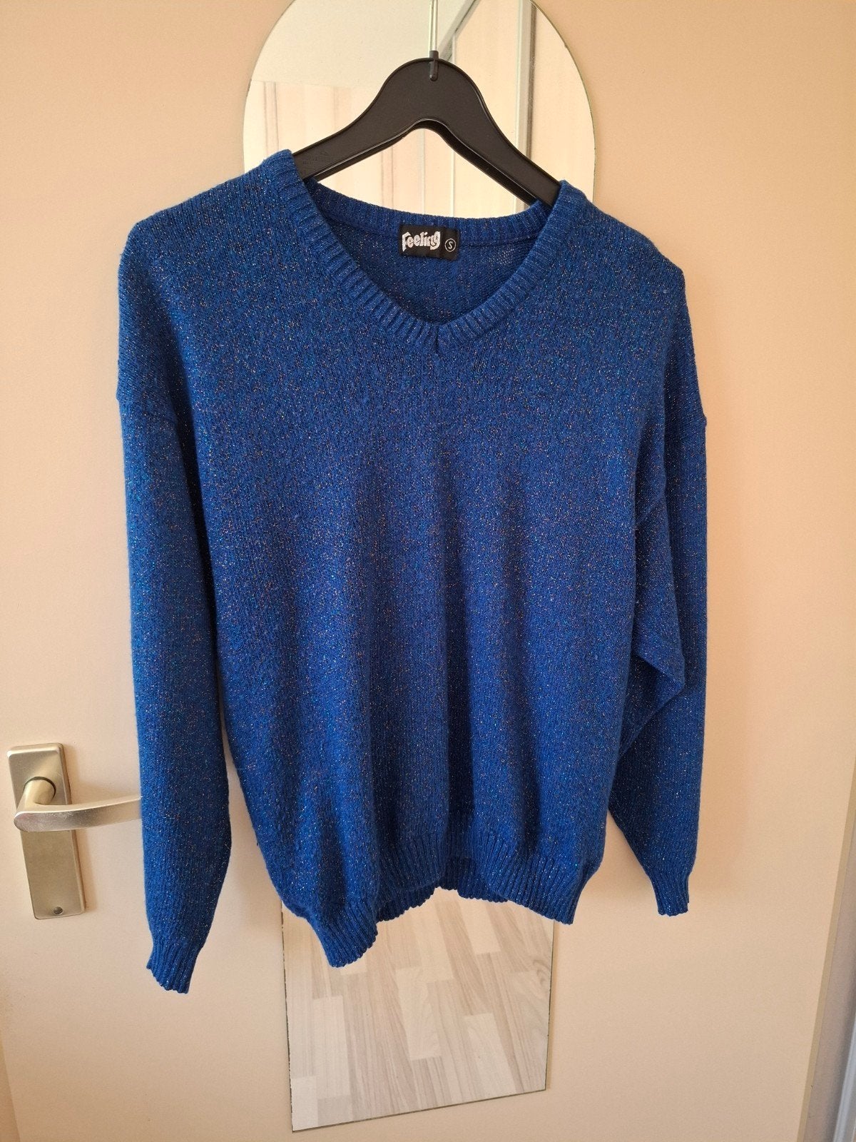 Feeling Blauwe Glitter Trui met V-hals, Blauw, Feeling, Ophalen of Verzenden, Zo goed als nieuw