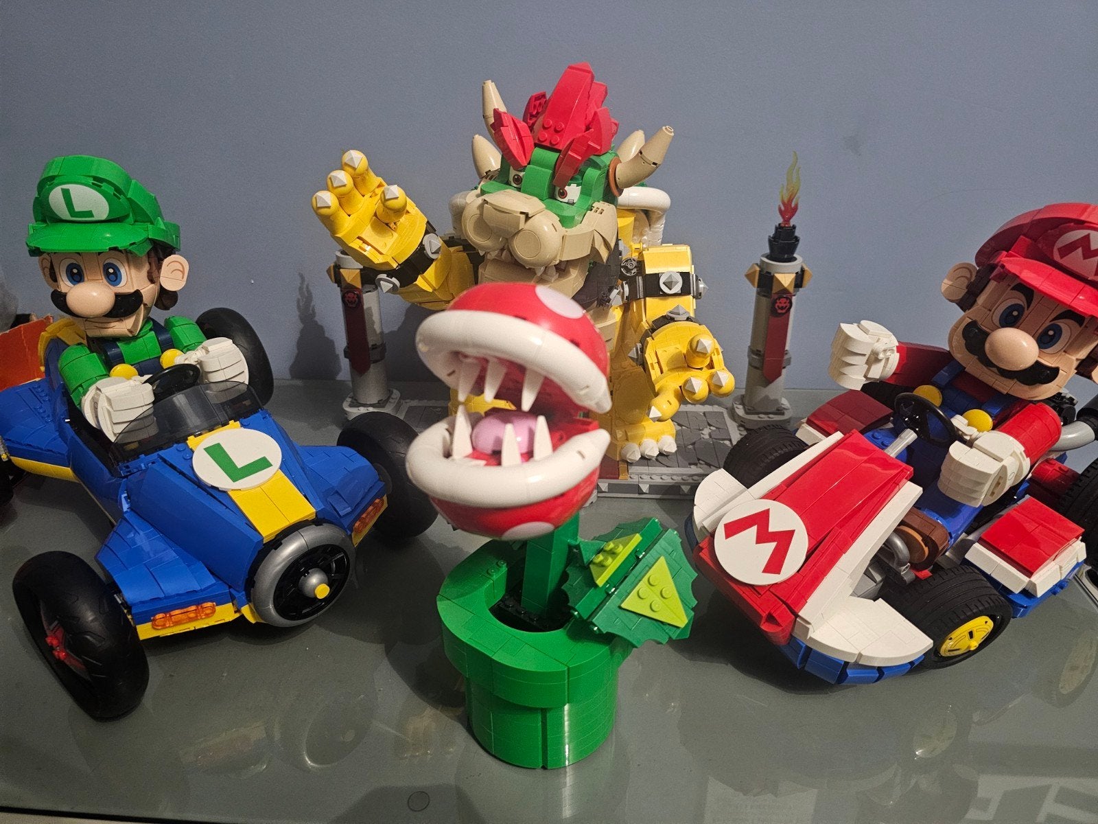 Lego Super Mario Karts, Bowser en Piranha Plant met dozen, Ophalen, Zo goed als nieuw, Overige merken