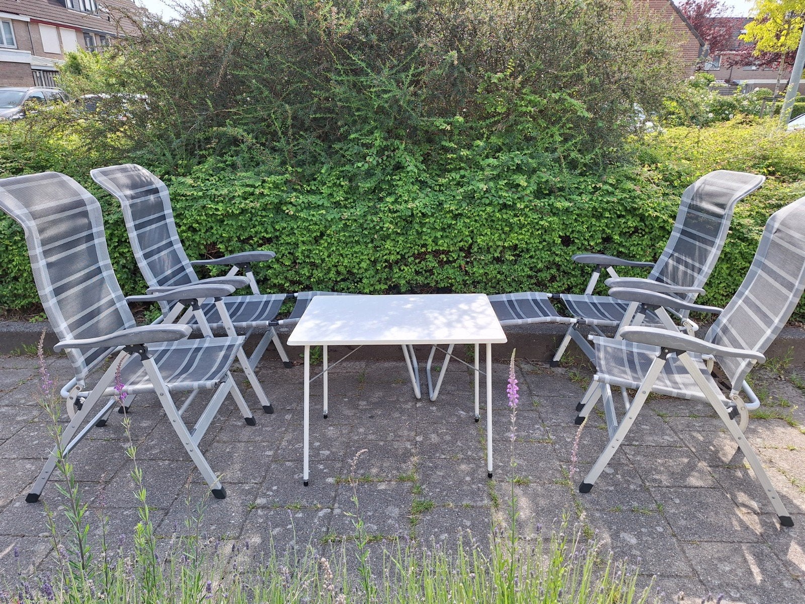 Redwood 4 tuinstoelen en tafel + 2 beenverhogers/ camping, Ophalen, Gebruikt, Campingstoel