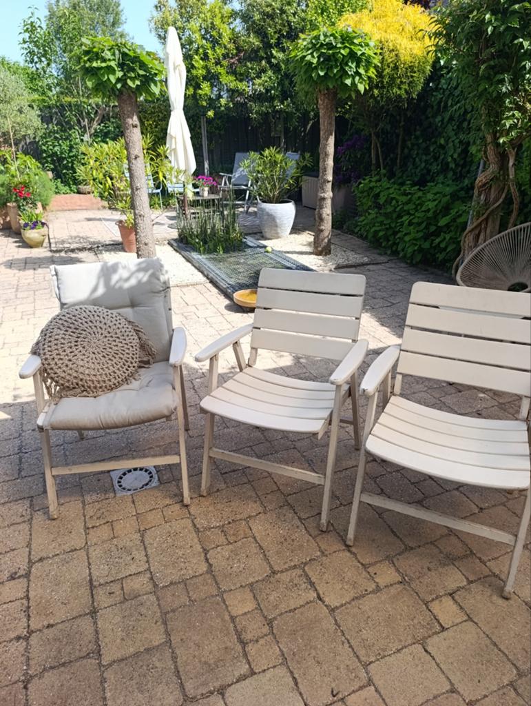 3 Vintage hardhouten witte tuinstoelen van Herlag, Tuin en Terras, Tuinstoelen, Ophalen, Gebruikt, Hout, Inklapbaar