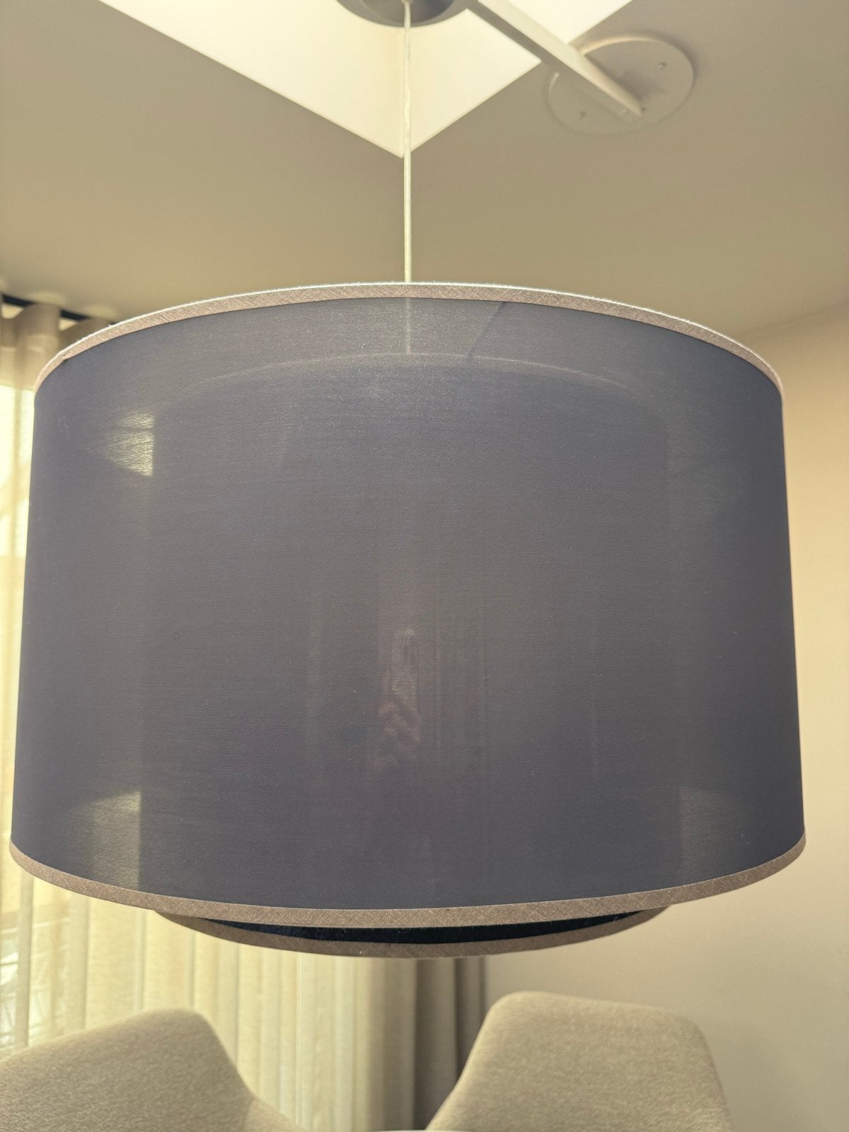Moderne hanglamp met dubbele kap - Donkerblauw textiel, Ophalen, Zo goed als nieuw, Textiel, E27 (groot)