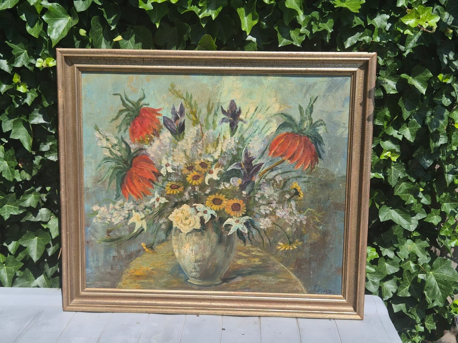 Bloemenstilleven in vaas - Olieverf op doek, Antiek en Kunst, Doek, Olieverf, Klassiek, Origineel werk