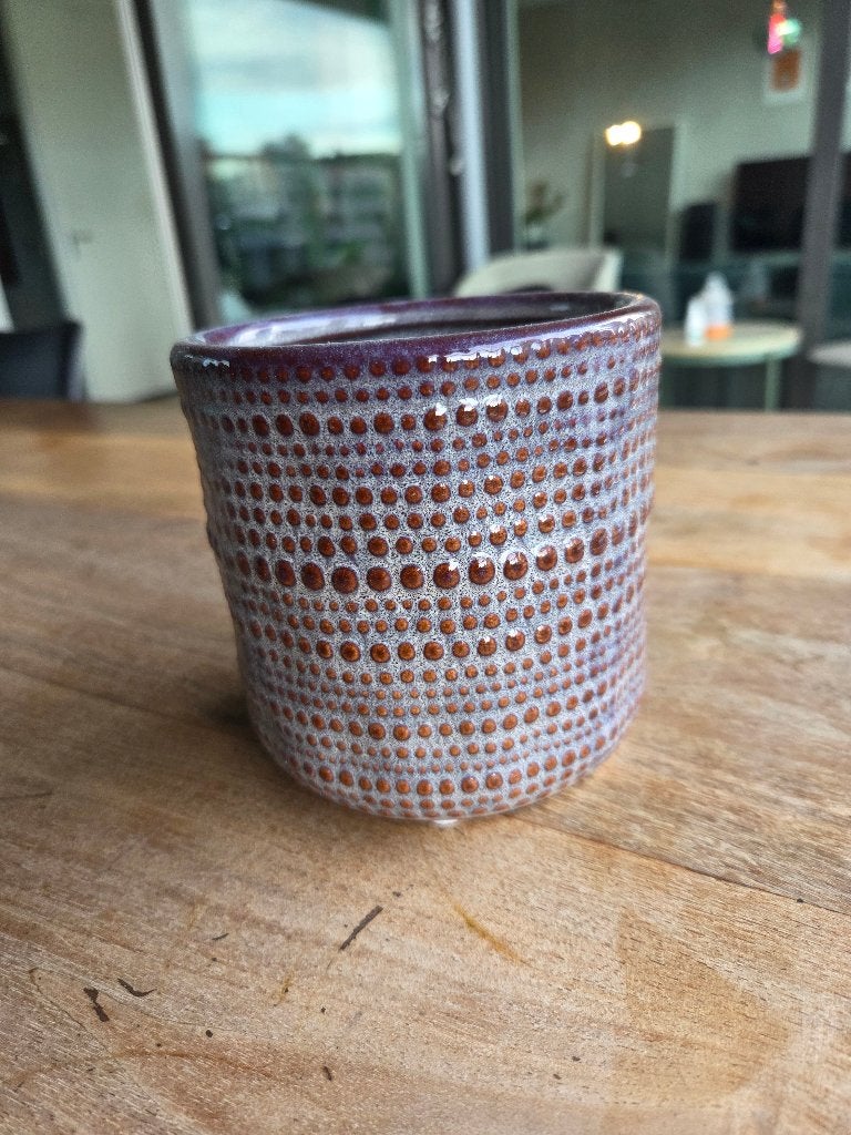 Decoratieve keramieken bloempot / plantenpot – paars/bruin, Gebruikt, Rond, Ophalen of Verzenden, Balkon