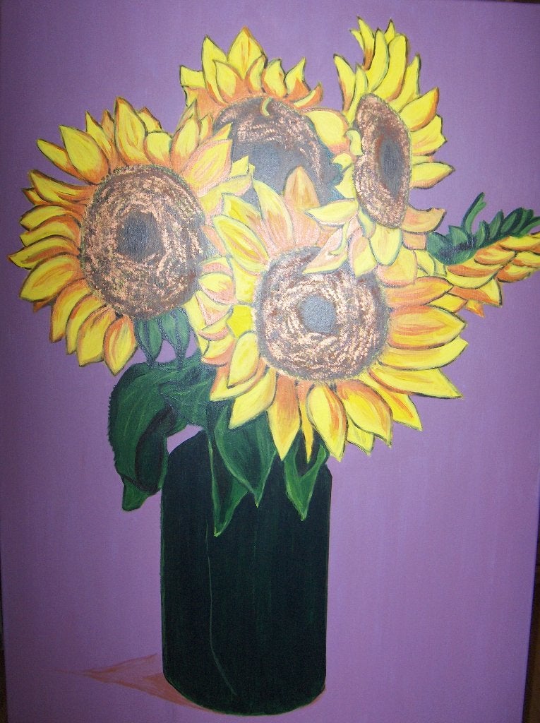 Zonnebloemen, Acrylverf, Doek, Realistisch, Gesigneerd
