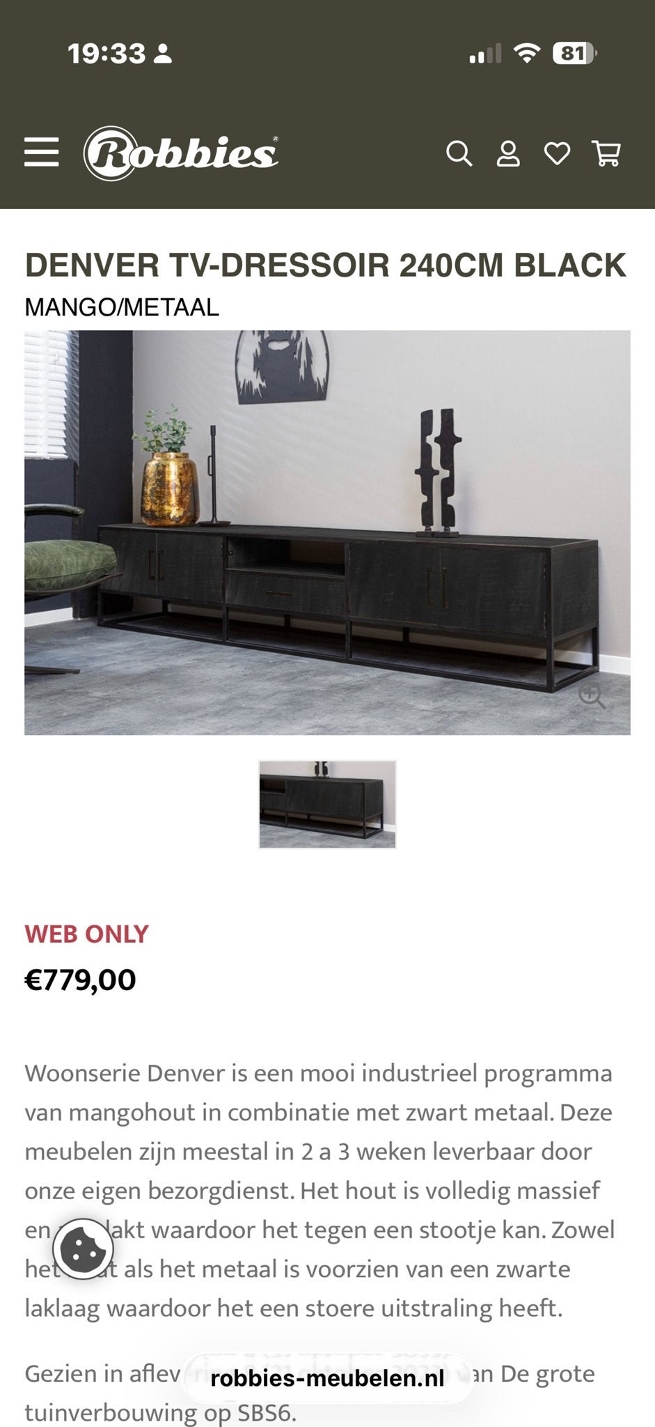 Denver TV-Dressoir 240cm Zwart Mango/Metaal, Ophalen, Nieuw, 200 cm of meer, Minder dan 100 cm