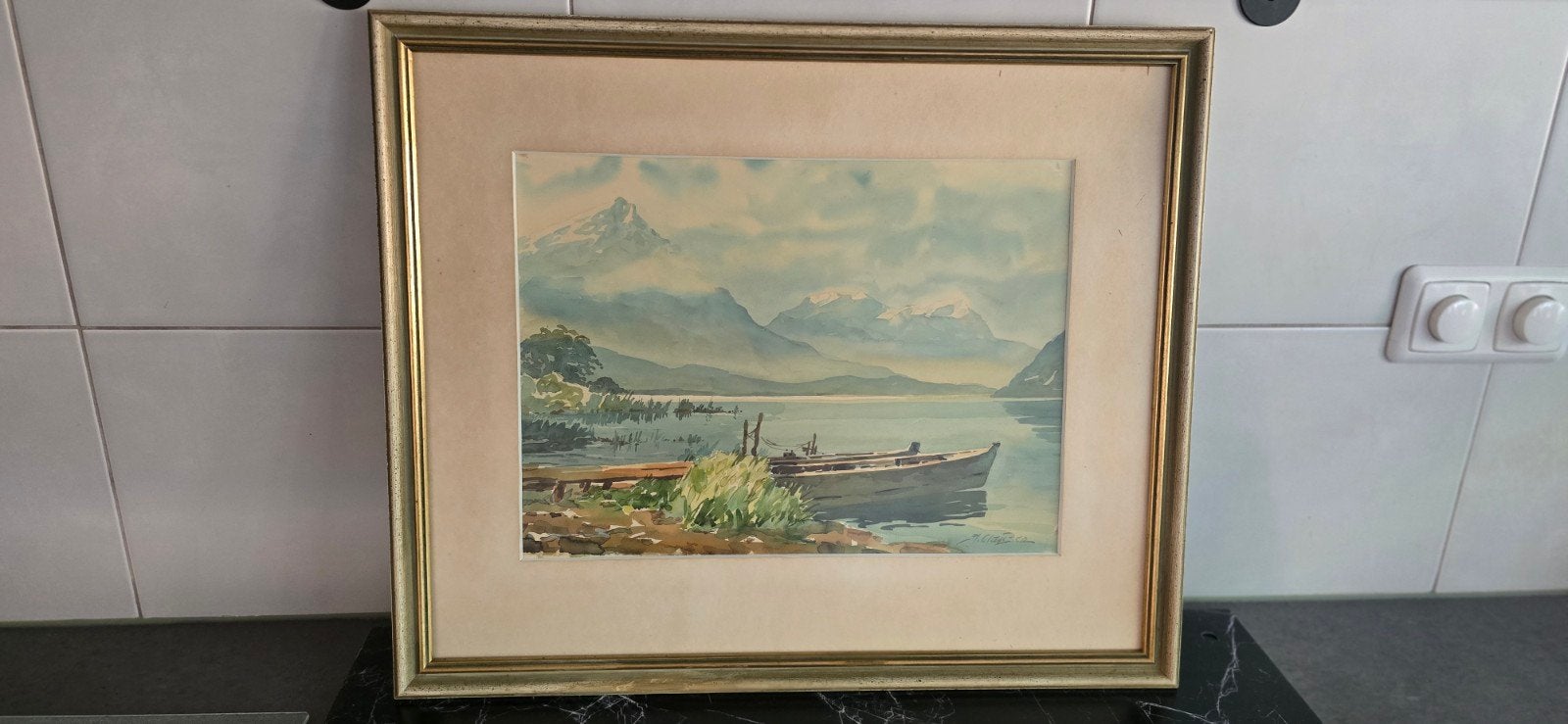 Prachtig aquarel van berglandschap met boot, gesigneerd, Antiek en Kunst, Ophalen of Verzenden