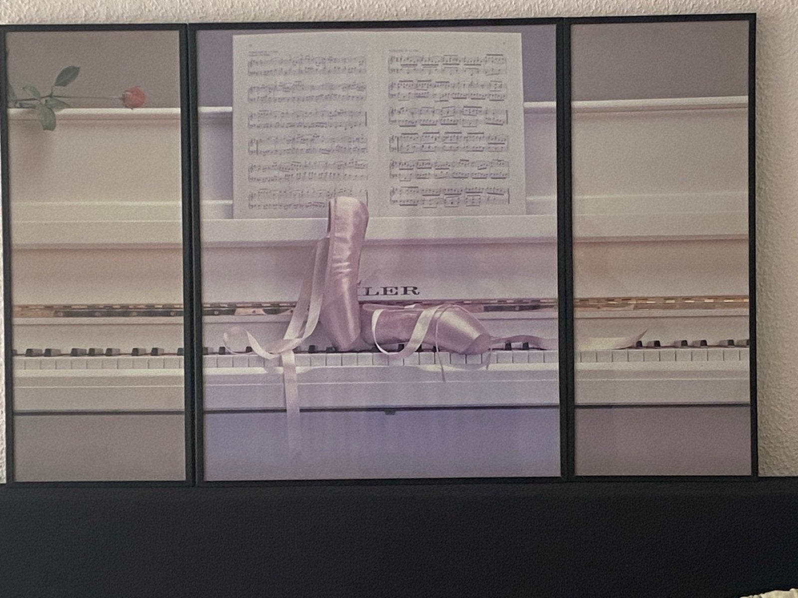 Drieluik Schilderij: Piano, Balletschoenen & Roos, Ophalen, Ingelijst, Print, Overige materialen