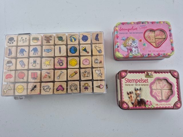 Stempel sets 3 stuks met zak knikkers, Ophalen of Verzenden, Zo goed als nieuw, Houten stempel