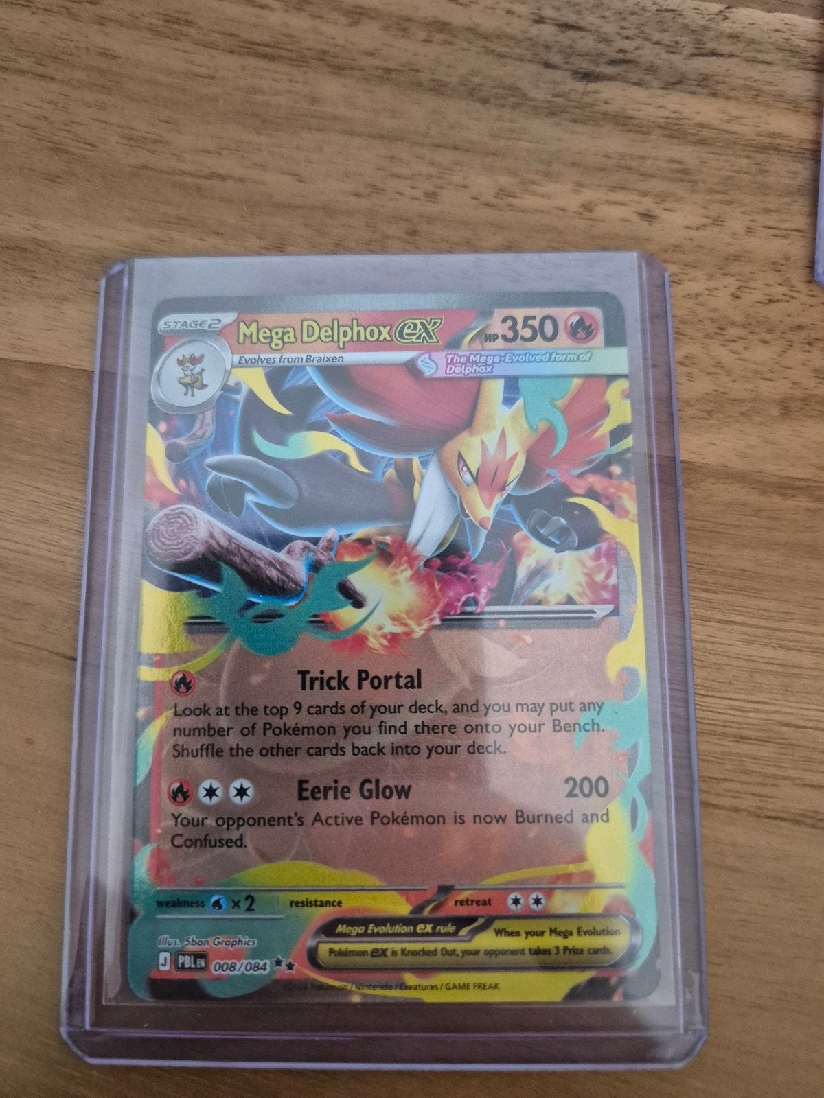 Mega Delphox EX Pokémon kaart 008 pitch black, Ophalen of Verzenden, Zo goed als nieuw, Losse kaart