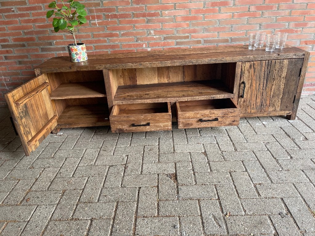 Tv-meubel 200 OLD WOOD massiefhout sfeervol uniek voorraad, 1 of 2 laden, 150 tot 200 cm, Nieuw, Minder dan 100 cm