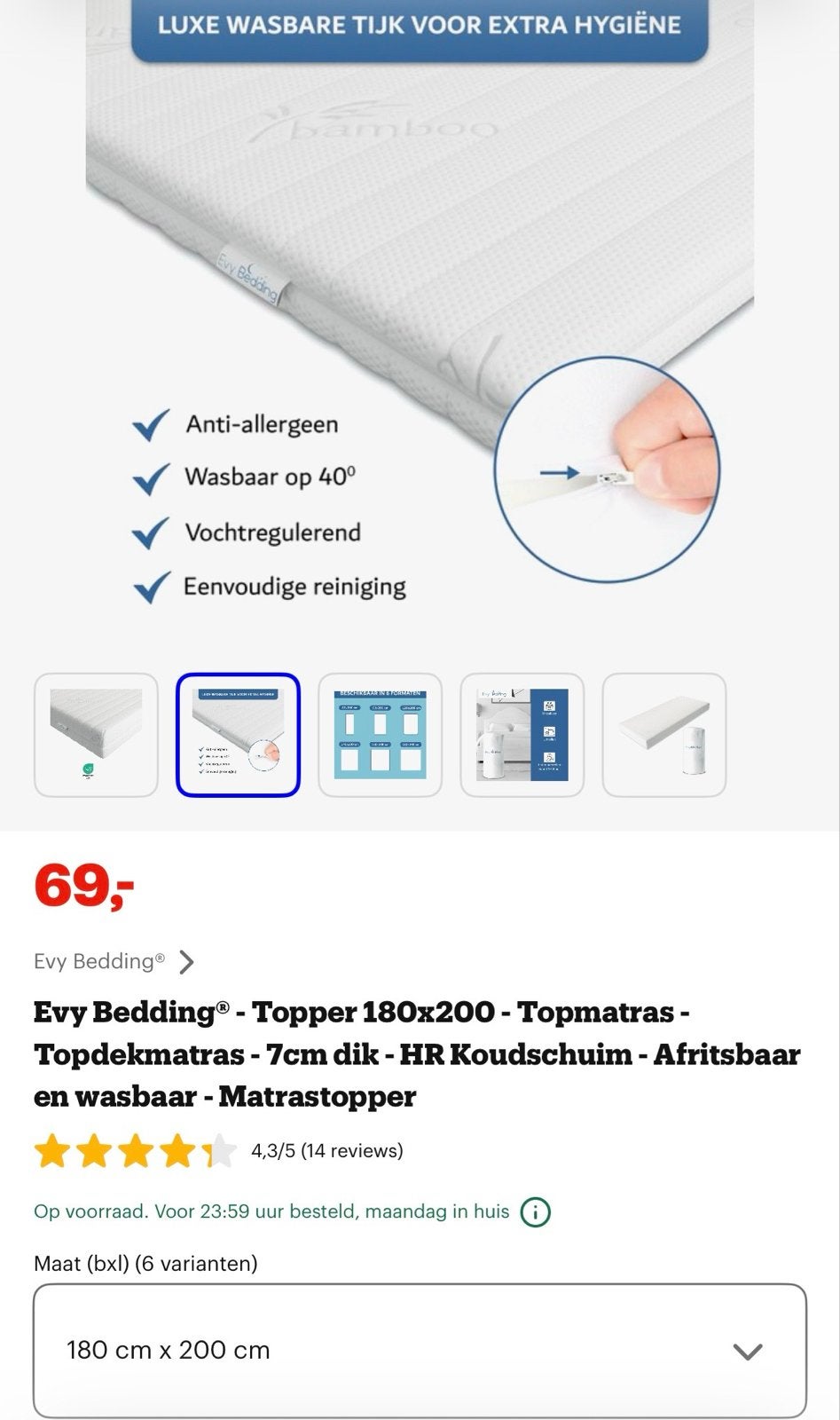 Evy Bedding Topper 180x200 - Topdekmatras HR Koudschuim, Ophalen of Verzenden, Matras, 180 cm, 200 cm