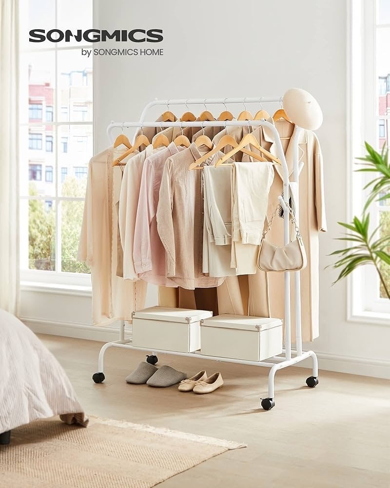 Songmics Kledingrek op wielen met dubbele stang - Wit, Kleding | Dames, Kledingrekken, Ophalen of Verzenden, Met wielen, Nieuw