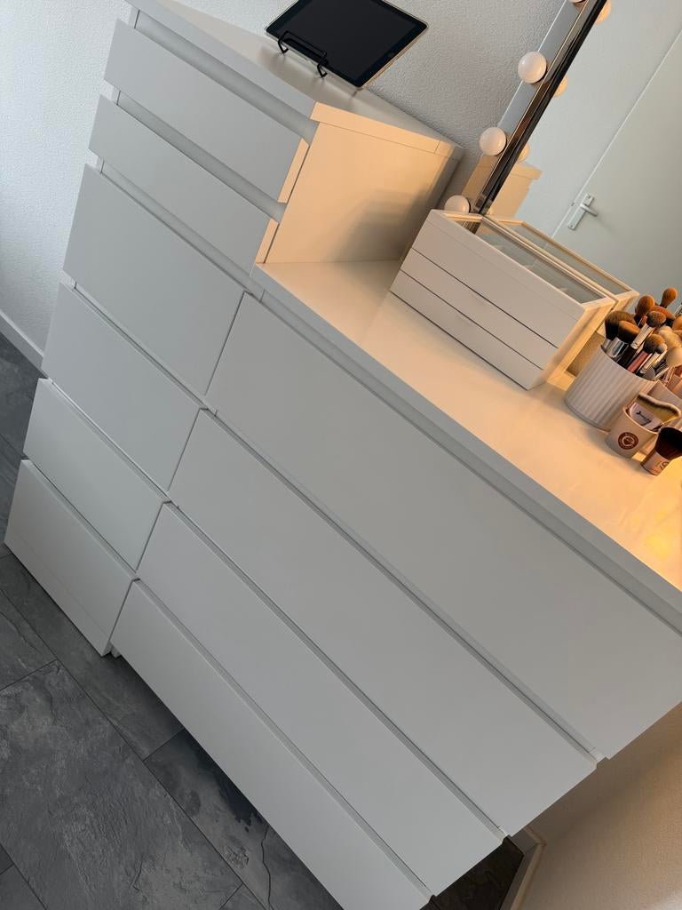 2x Witte ladekast met spiegel en verlichting hele set, Ophalen of Verzenden, Gebruikt, Hout, 100 tot 150 cm