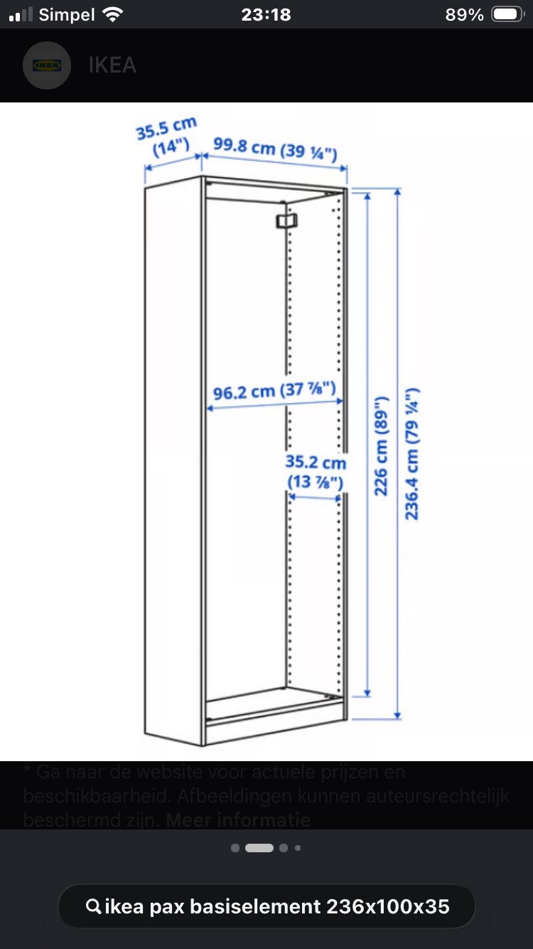 IKEA PAX BASISELEMENT WIT 236x100x35, Ophalen, 200 cm of meer, 50 tot 100 cm, Zo goed als nieuw
