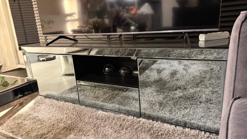Luxe spiegel TV-meubel, Ophalen, Gebruikt, 100 tot 150 cm, Glas