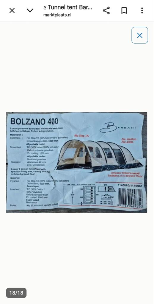 Complete kampeeruitrusting: Bardani Bolzano 400 + extra's, Ophalen of Verzenden