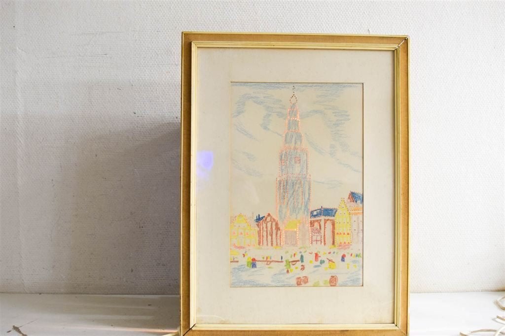 tekening van de martinitoren met lampjes ingelijst 50669, Ophalen of Verzenden, Voor 1920, Ongelopen, Utrecht
